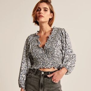 Abercrombie Long-Sleeve Smocked Puff Sleeve Wrap Top